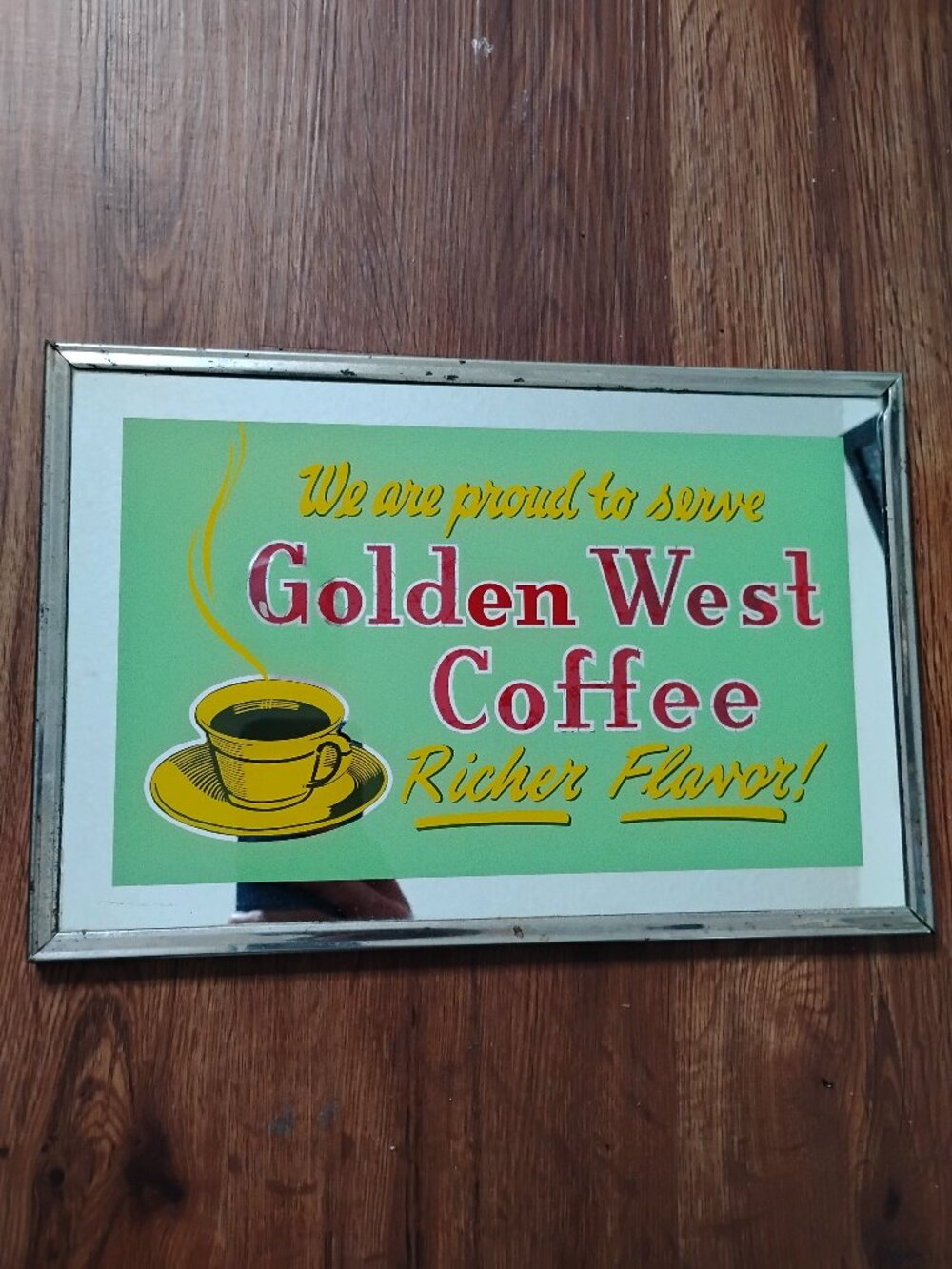 Vintage Golden West Coffee Countertop Easel Display Decorative Mirror